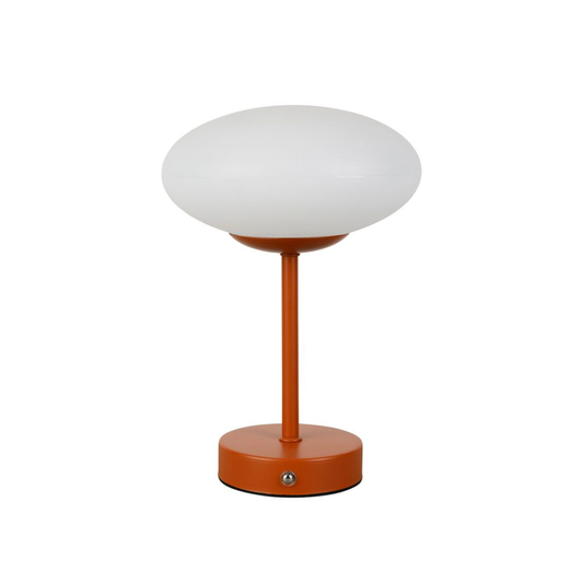 Lampe de table LED sans fil terracotta avec diffuseur blanc champignon, bouton tactile argenté sur le socle, marque SEMA Design.
