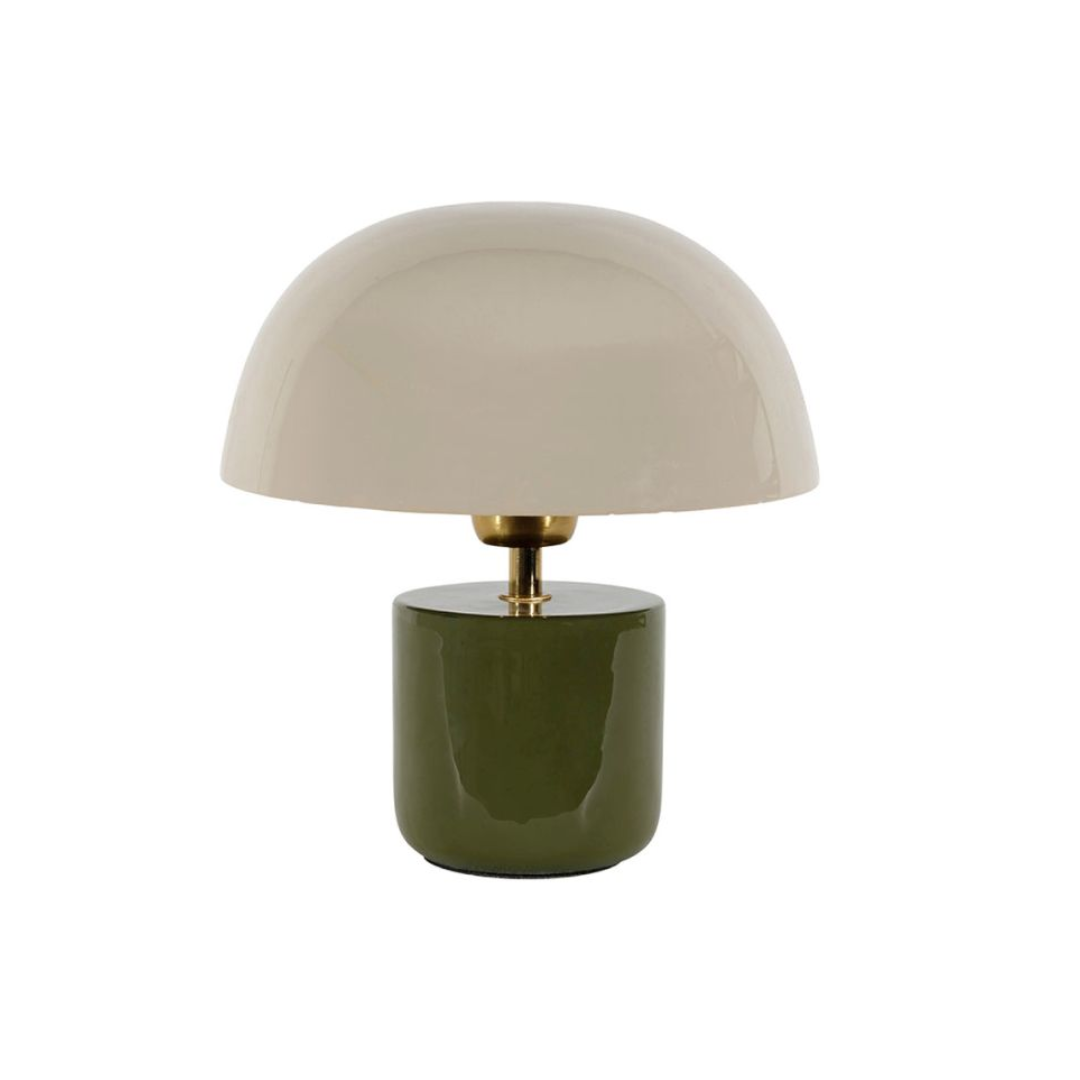 Lampe à poser en fer avec pied vert olive brillant, tige dorée et abat-jour coupole écru, design Champart par SEMA Design.