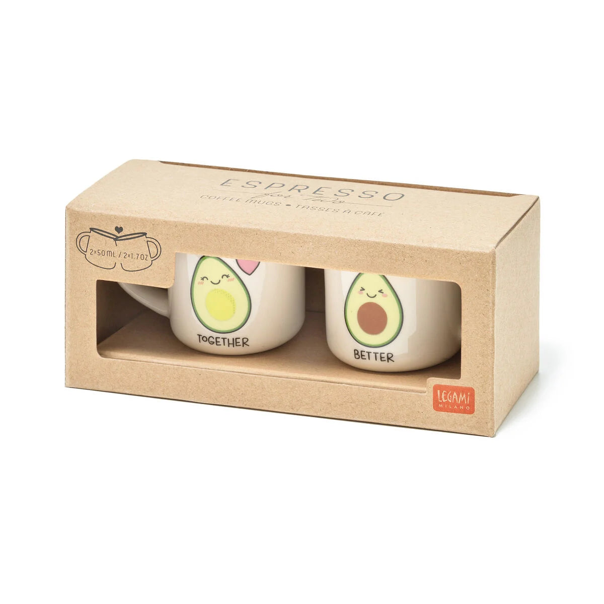 packaging Duo de tasses à café espresso Legami avec motif avocat et message Together Better
