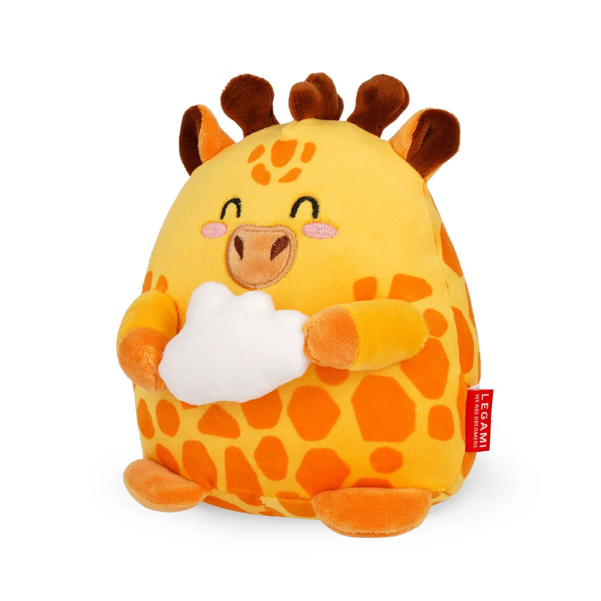 Peluche girafe jaune et marron Legami Mini Super Soft avec carte d'identité et message.