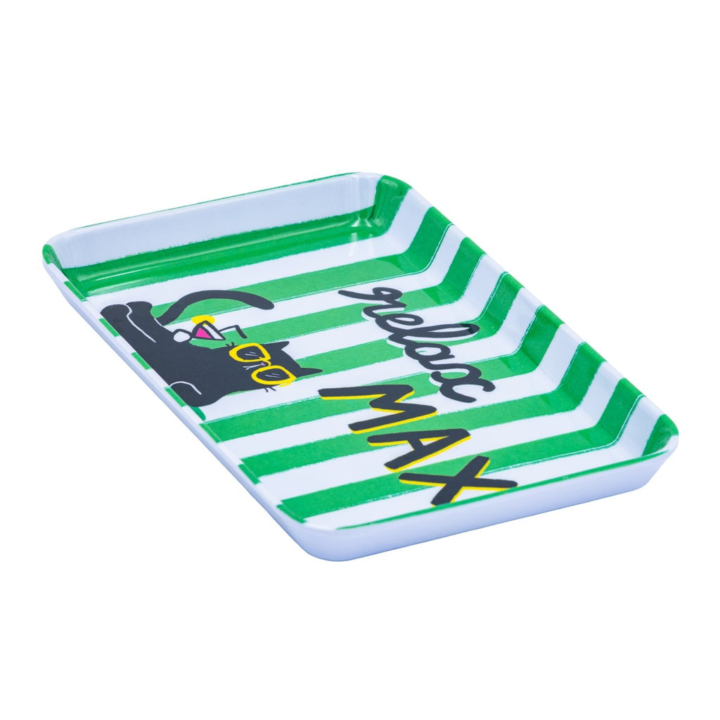 Petit plateau mélamine Relax Max chat lunettes rayures vert blanc Carte d'Art 21x14 cm