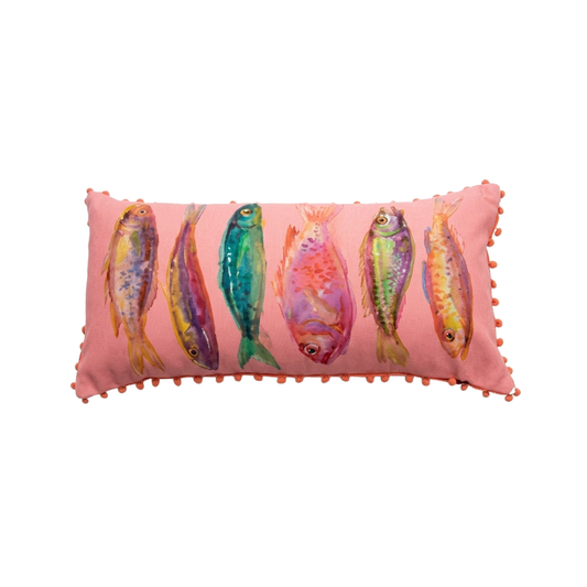 Coussin El Pez poissons multicolores rose corail pompons Imbarro 35x80 cm