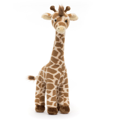 Grande peluche girafe Dara Jellycat debout, fourrure caramel et crinière brune, hauteur 56cm.