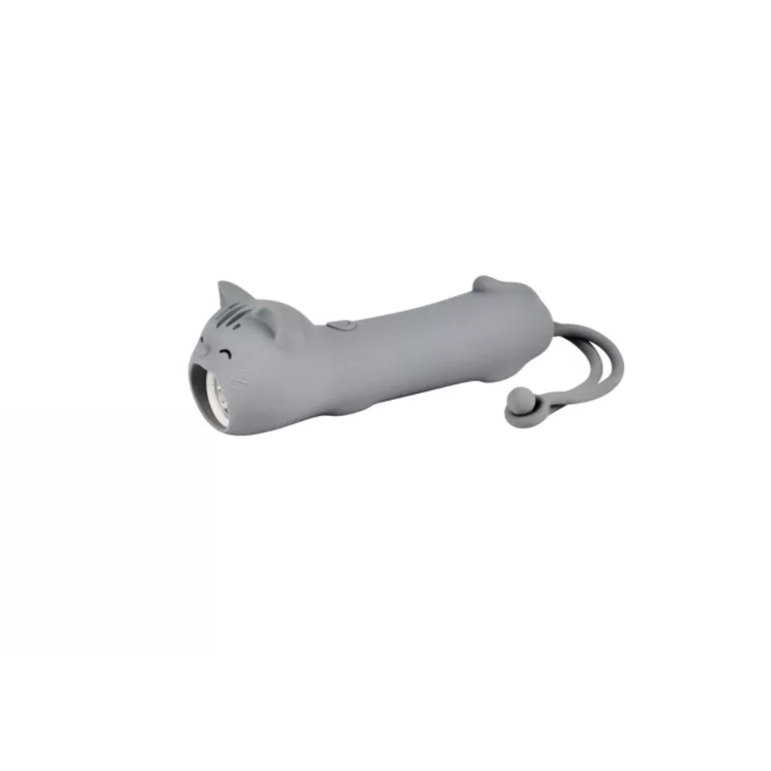 Lampe de poche LED grise en forme de chat assis en silicone souple avec sangle de transport.