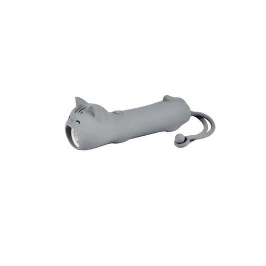 Lampe de poche LED grise en forme de chat assis en silicone souple avec sangle de transport.