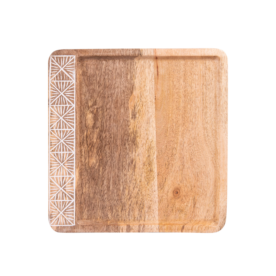 Plateau carré Spirit bois manguier 36x36 cm motif gravé blanc Table Passion – MT Boutique