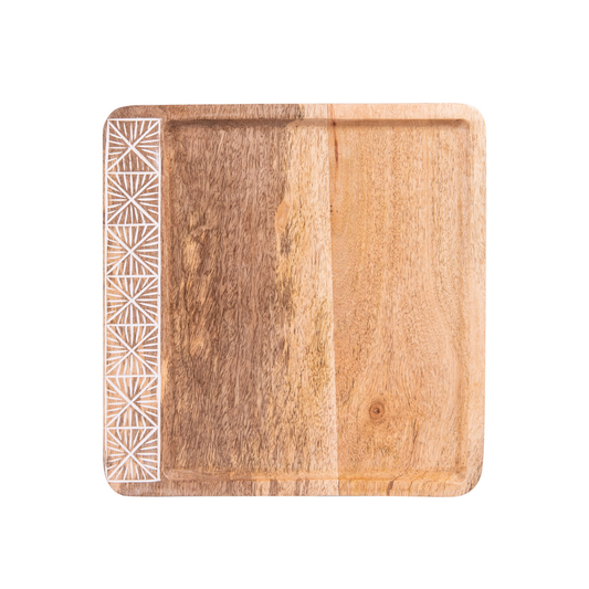 Plateau carré Spirit bois manguier 36x36 cm motif gravé blanc Table Passion – MT Boutique