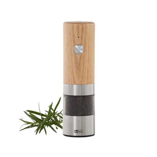 Moulin électrique en bois de frêne clair et acier inoxydable avec fenêtre de visualisation des grains.