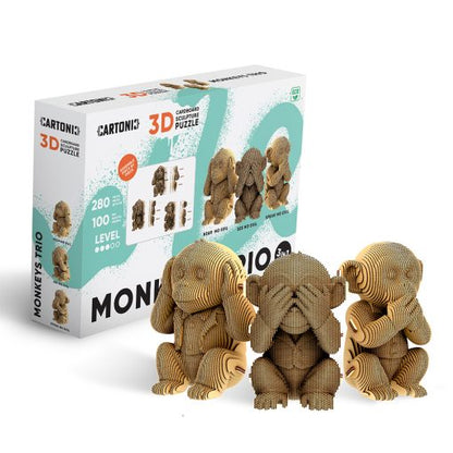 Sculpture puzzle 3D Cartonic les trois singes de la sagesse en carton kraft