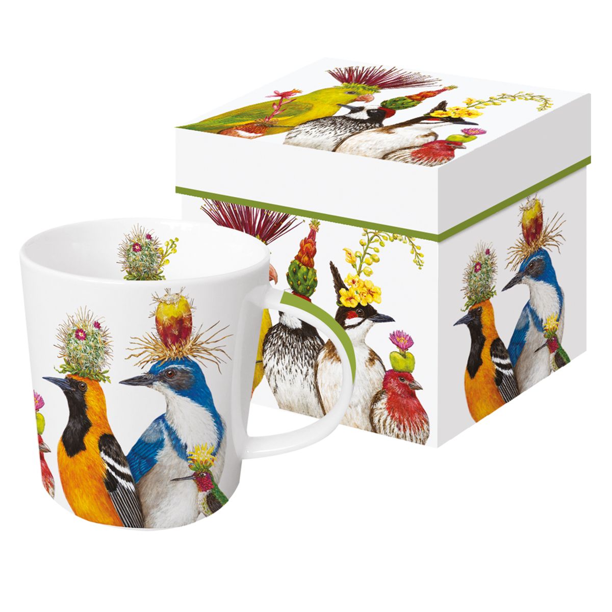 Mug en porcelaine PPD imprimé d'illustrations d'animaux avec sa boîte cadeau cylindrique assortie.