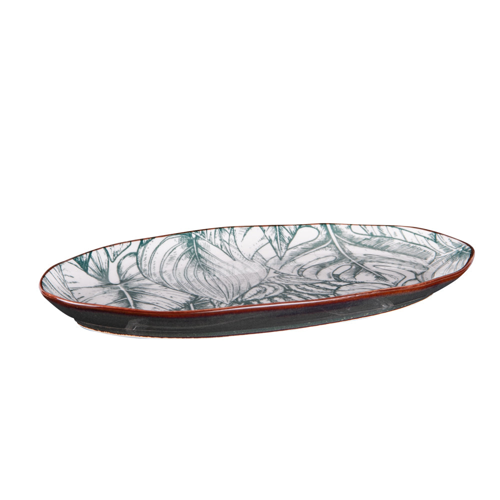 Plat de service ovale en porcelaine avec décor intérieur de feuilles de jungle vertes et extérieur brun effet terre, collection Paraguay.