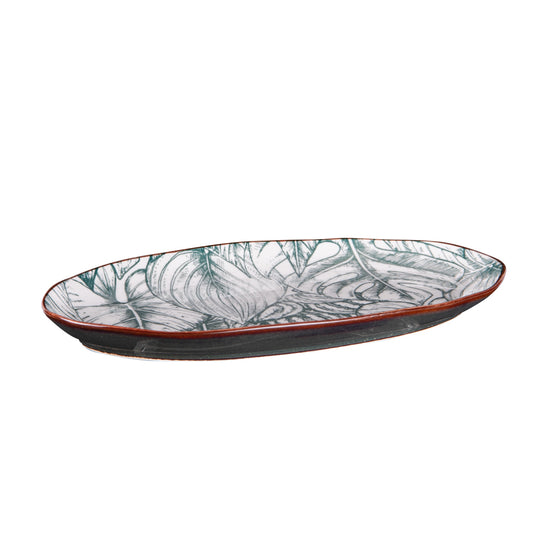 Plat de service ovale en porcelaine avec décor intérieur de feuilles de jungle vertes et extérieur brun effet terre, collection Paraguay.