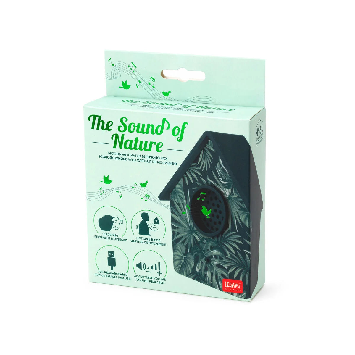 Nichoir sonore noir Legami avec motifs feuilles tropicales et capteur de mouvement, boîte d'emballage verte.