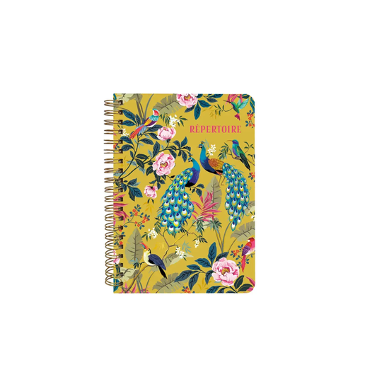 Répertoire spirales oiseaux tropicaux paons pivoines fond jaune moutarde Cartes d'Art – MT Boutique