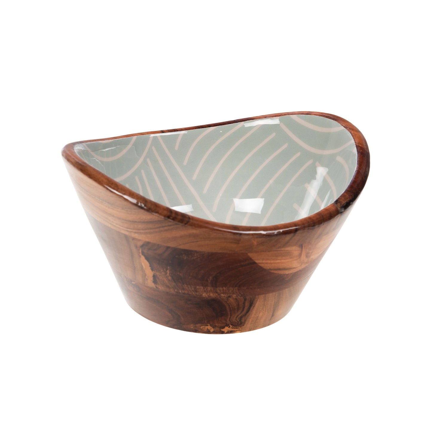Saladier artisanal en bois d'acacia avec intérieur laqué blanc et gris à motifs graphiques, format 21 cm.