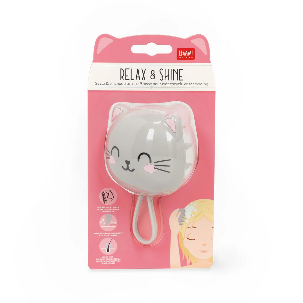 Brosse pour cuir chevelu grise en forme de chat Legami Relax & Shine avec picots en silicone.