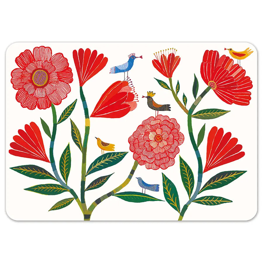 Set de table pivoines fleurs rouges oiseaux colorés folk Carte d'Art 29,7x42 cm polypropylène