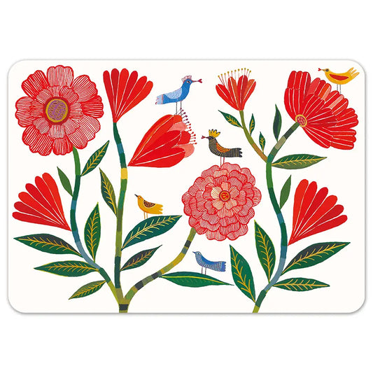Set de table pivoines fleurs rouges oiseaux colorés folk Carte d'Art 29,7x42 cm polypropylène
