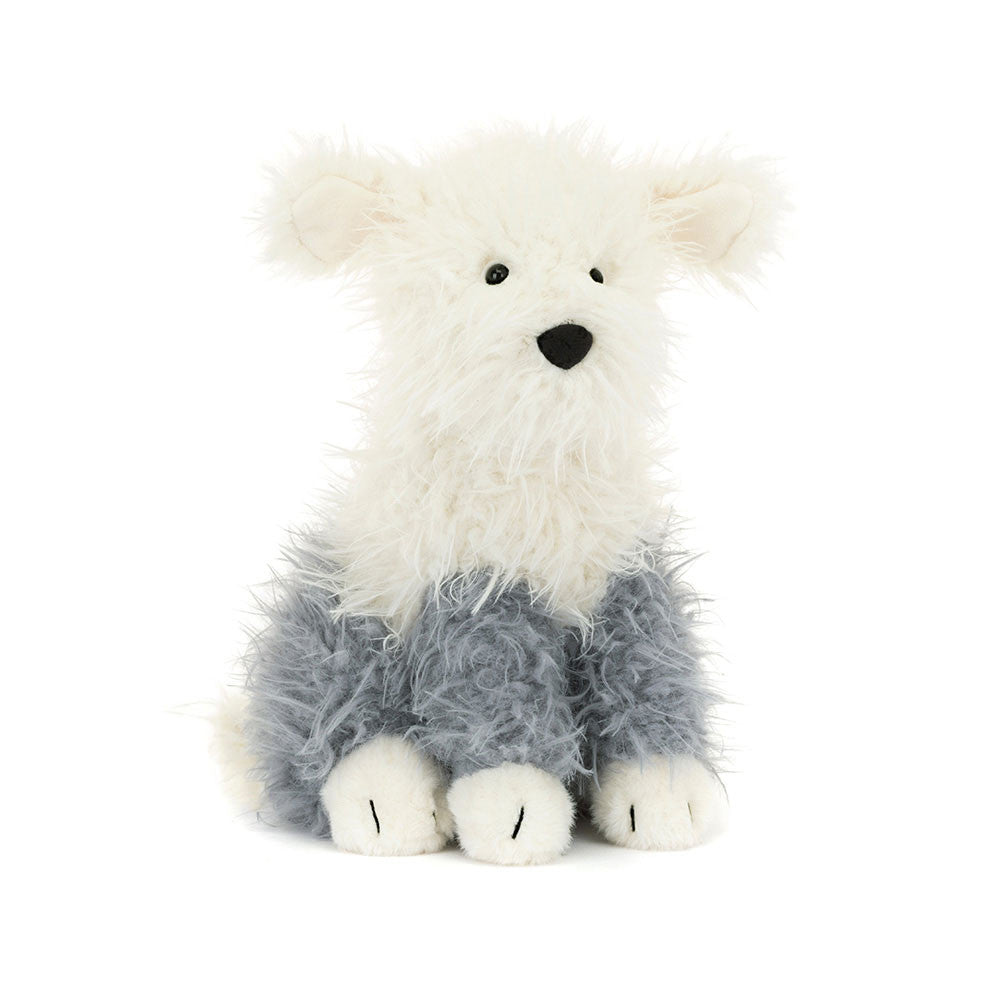 Peluche chien de berger assis Ewert Sheepdog, fourrure épaisse grise et blanche, truffe noire, marque de qualité.