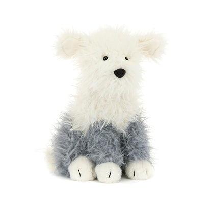 Peluche chien de berger assis Ewert Sheepdog, fourrure épaisse grise et blanche, truffe noire, marque de qualité.