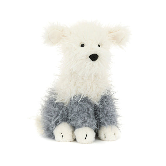 Peluche chien de berger assis Ewert Sheepdog, fourrure épaisse grise et blanche, truffe noire, marque de qualité.