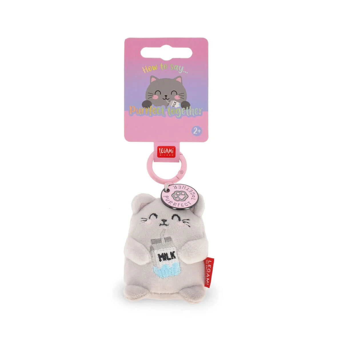 Porte-clés peluche chat gris Kitty Legami Tiny Super Soft avec breloque rose et boudin de lait brodé.
