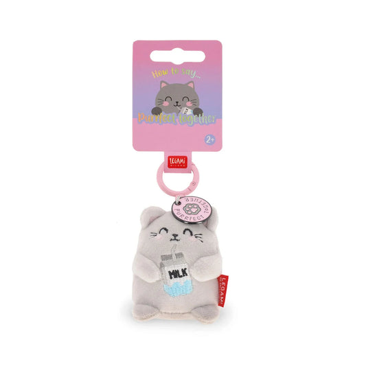 Porte-clés peluche chat gris Kitty Legami Tiny Super Soft avec breloque rose et boudin de lait brodé.