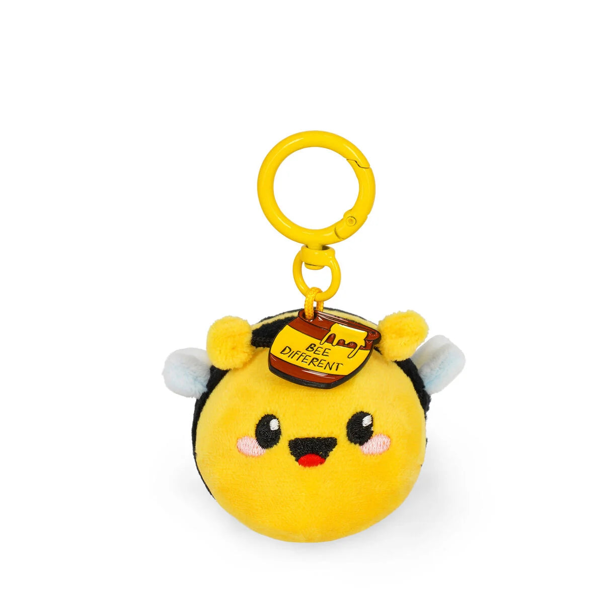 Porte-clés peluche abeille jaune et noire Legami Tiny Super Soft avec ailes blanches et breloque.