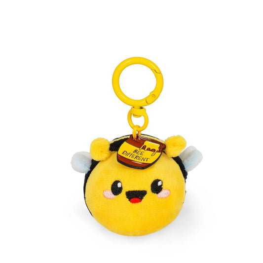 Porte-clés peluche abeille jaune et noire Legami Tiny Super Soft avec ailes blanches et breloque.