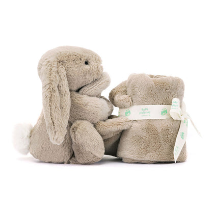 Détail visage brodé apaisant doudou lapin beige Jellycat Soother – douceur soyeuse bébé