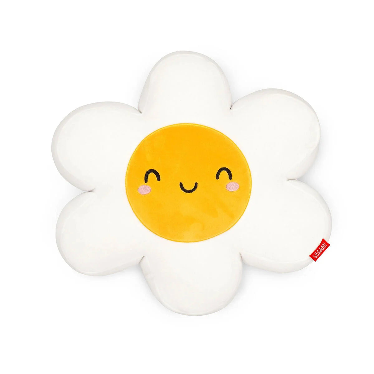 Grand coussin en peluche marguerite blanche Daisy Legami Super Soft avec cœur jaune souriant.