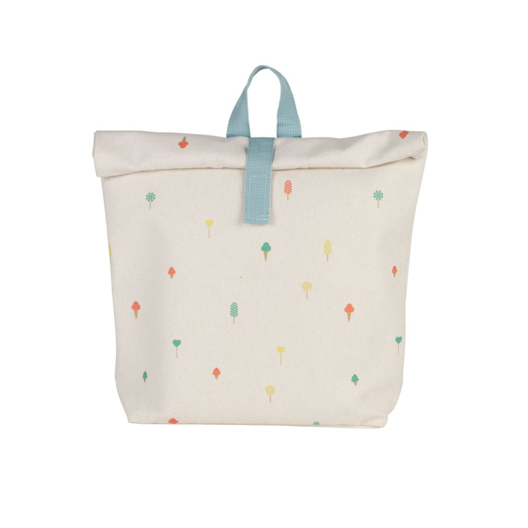 Petit sac à dos enfant écru avec motifs de glaces multicolores et sangle de fermeture turquoise.