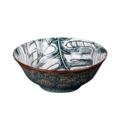 Grand saladier en porcelaine décoré de feuilles tropicales à l'intérieur et motifs végétaux bruns en relief à l'extérieur, collection Paraguay.