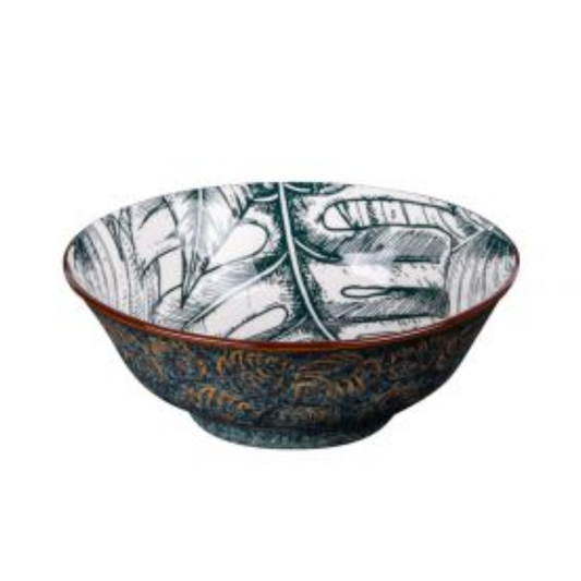 Grand saladier en porcelaine décoré de feuilles tropicales à l'intérieur et motifs végétaux bruns en relief à l'extérieur, collection Paraguay.