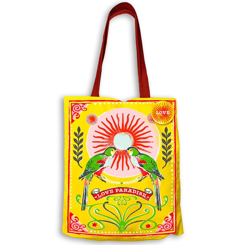 Tote bag coton jaune Love Paradise perroquets verts soleil badge doré Carte d'Art 34x40 cm