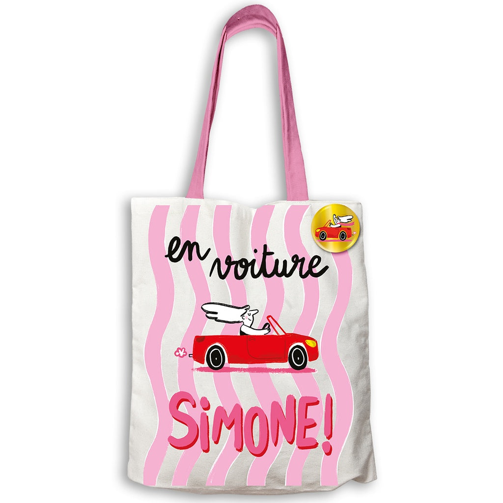 Tote bag coton rose En Voiture Simone cabriolet rouge badge doré Carte d'Art 34x40 cm
