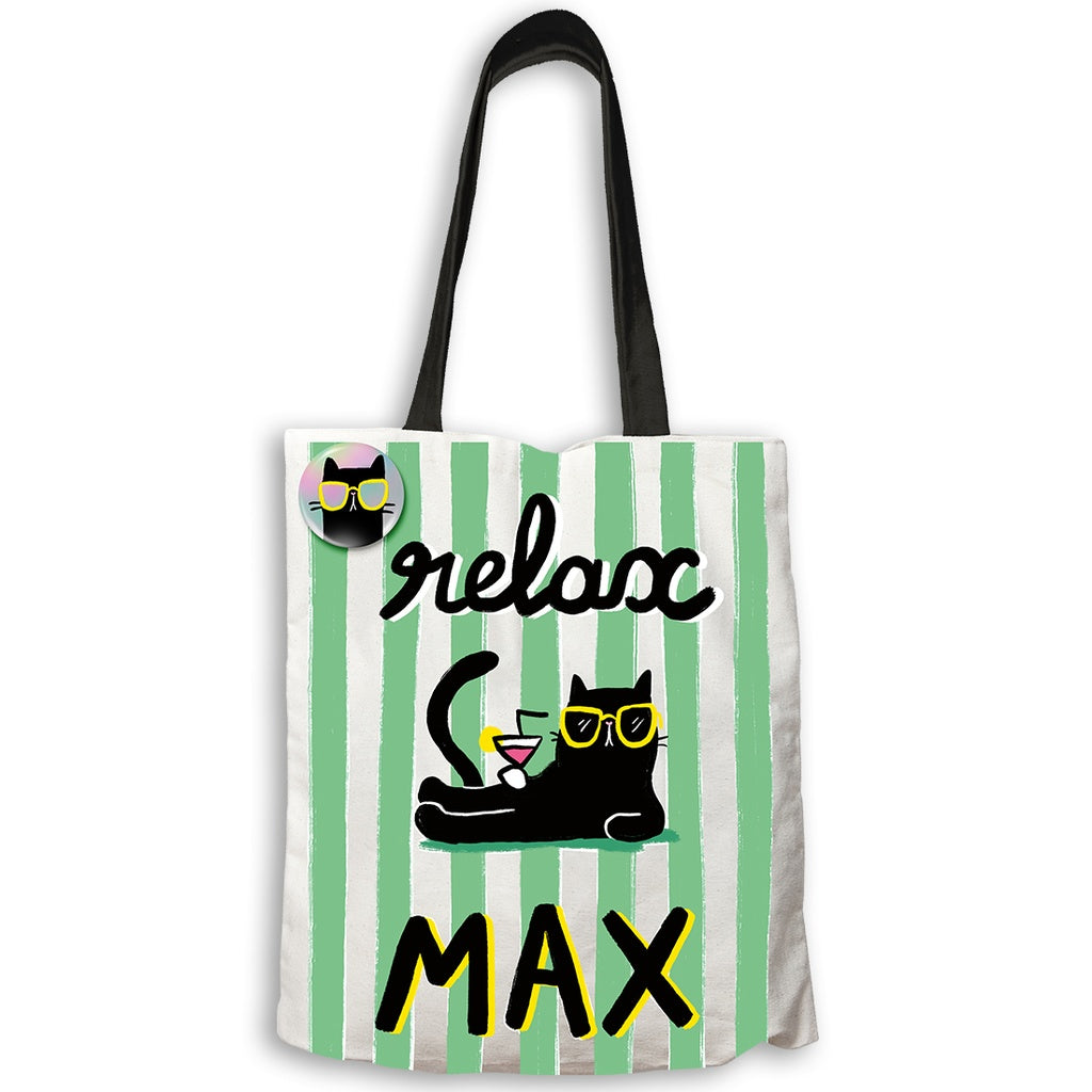 Tote bag coton Relax Max chat noir lunettes jaunes rayures vert blanc badge Carte d'Art 34x40 cm