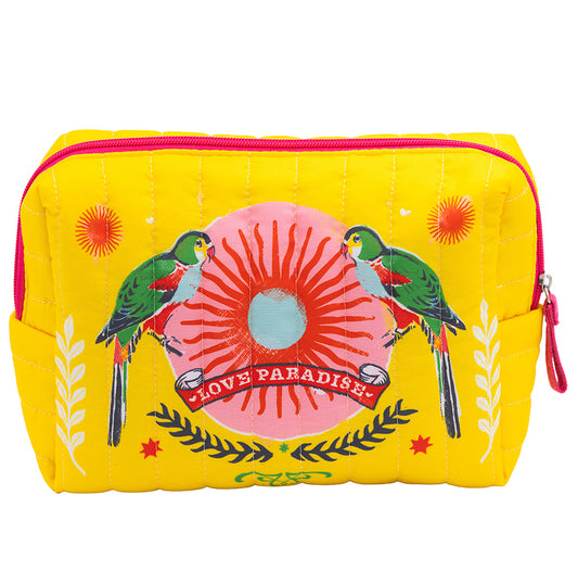 Grande trousse matelassée Love Paradise perroquets jaune soleil zip rose fuchsia Carte d'Art 17x24x8 cm