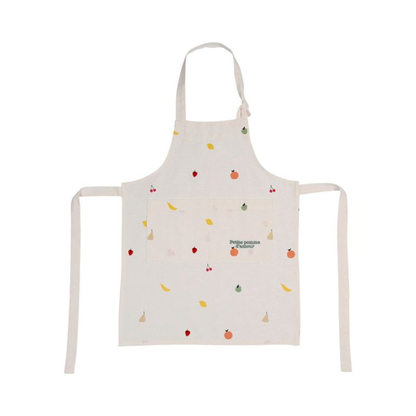 Tablier de cuisine pour enfant en coton blanc avec motifs de fruits colorés et inscription Petite pomme d'amour, marque SEMA Design.