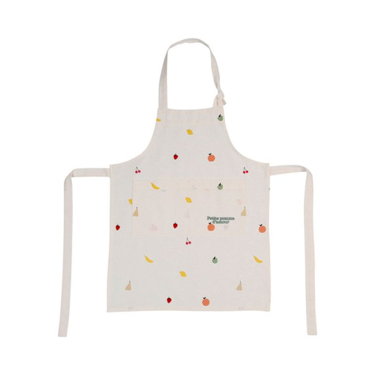 Tablier de cuisine pour enfant en coton blanc avec motifs de fruits colorés et inscription Petite pomme d'amour, marque SEMA Design.
