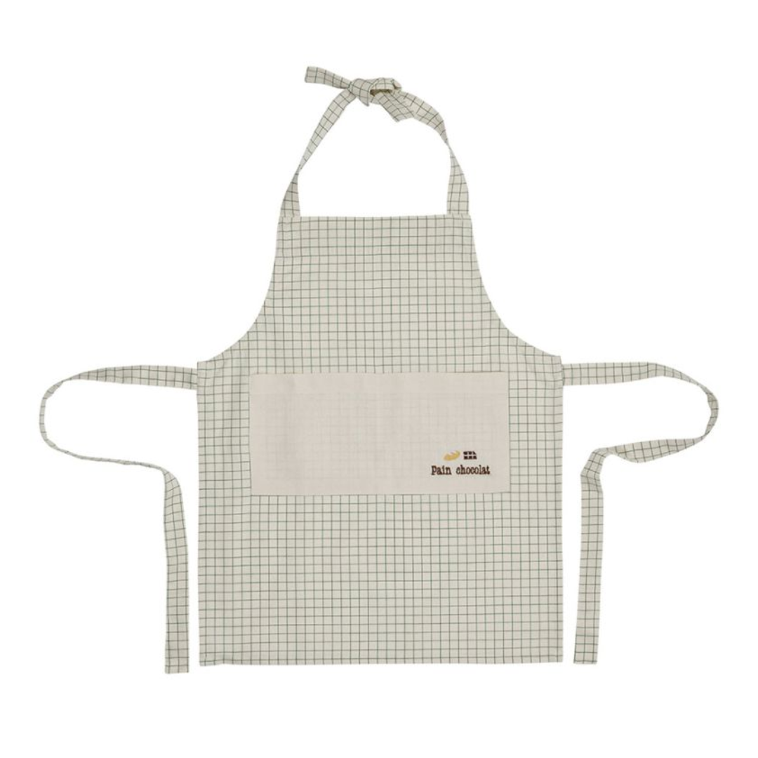 Tablier enfant à carreaux blancs et verts avec une poche centrale marquée Pain chocolat, marque SEMA Design.