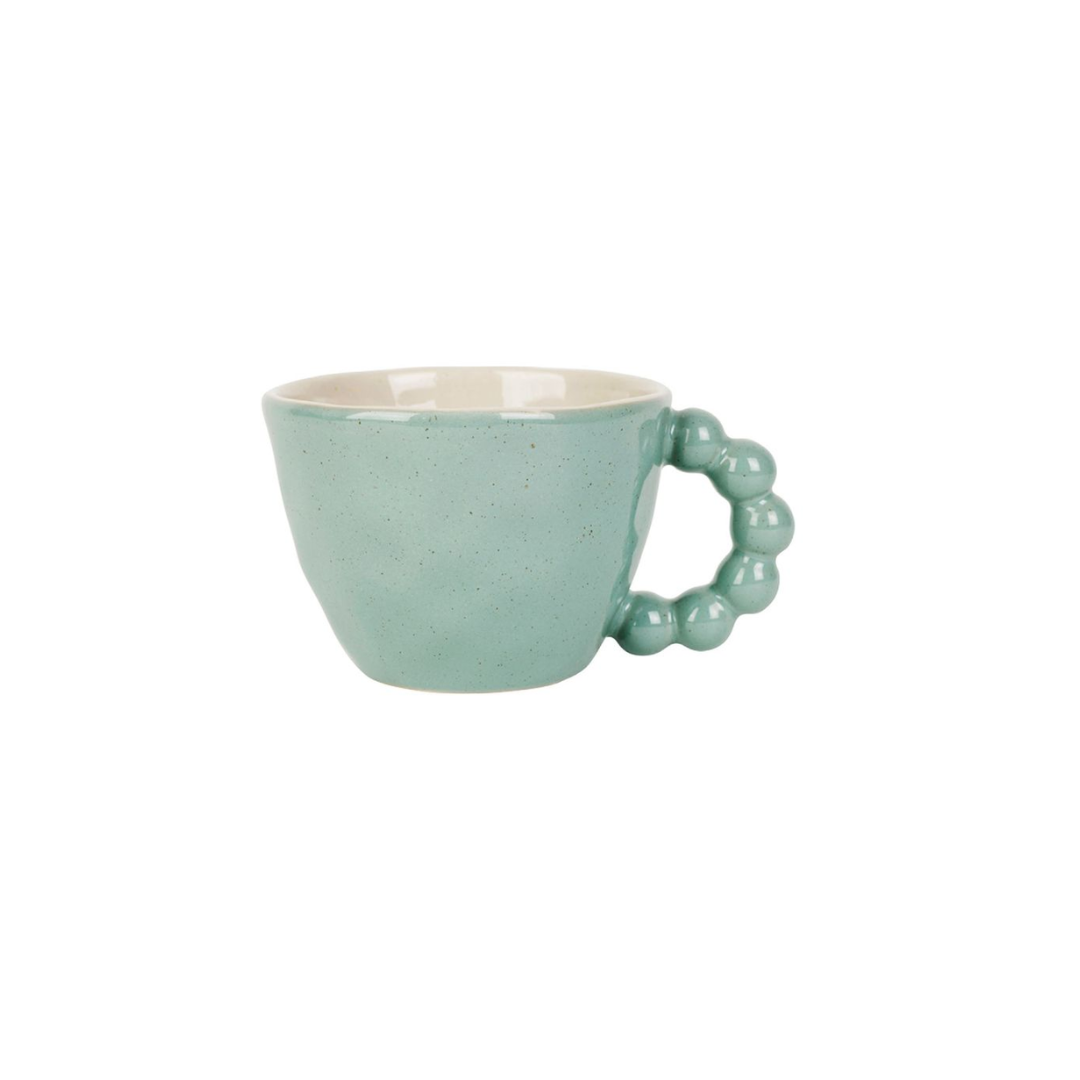 Tasse à thé ronde en grès vert sauge avec anse design composée de boules, collection Organic par SEMA Design.