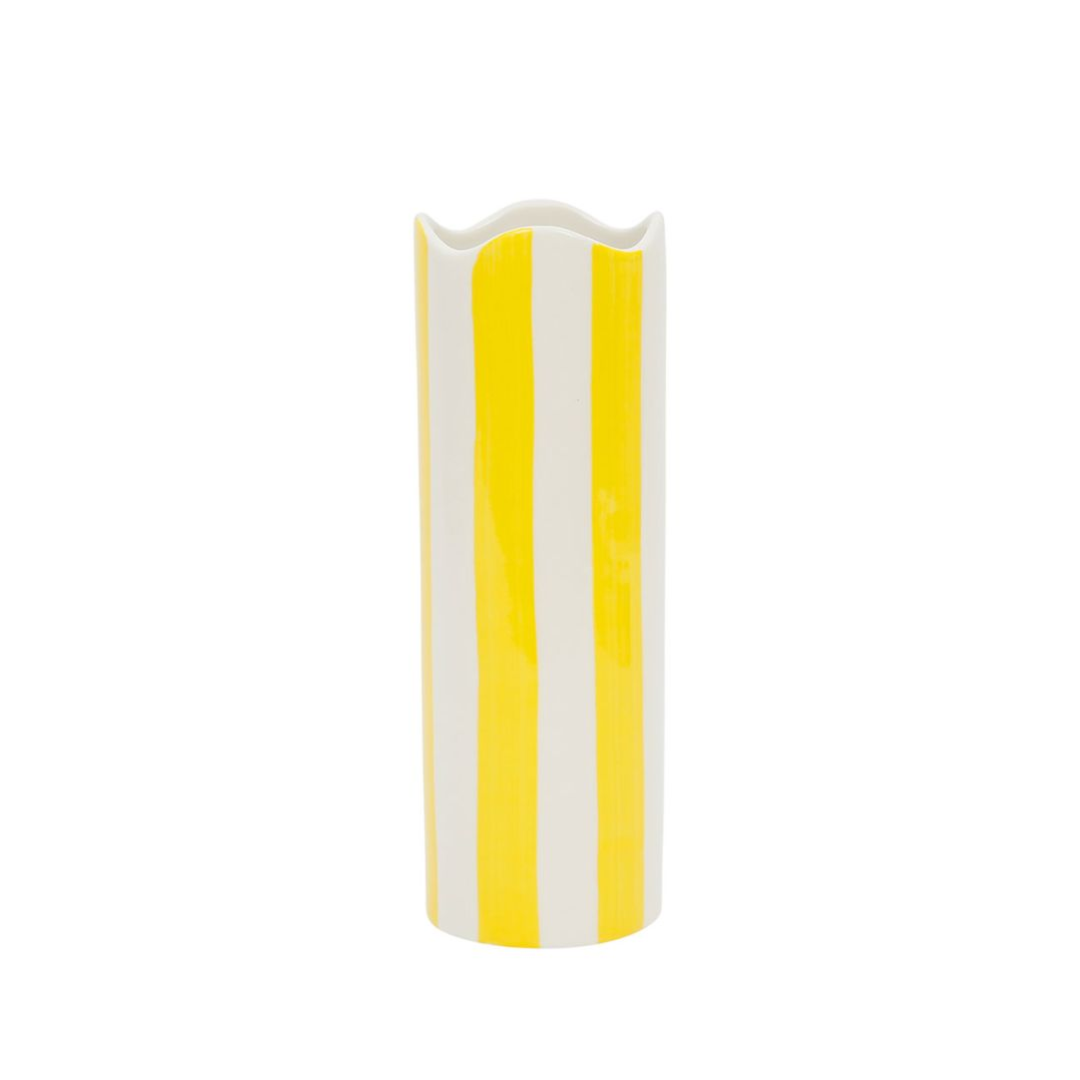 Vase haut en grès écru avec larges rayures verticales jaunes et col ondulé, marque SEMA Design.
