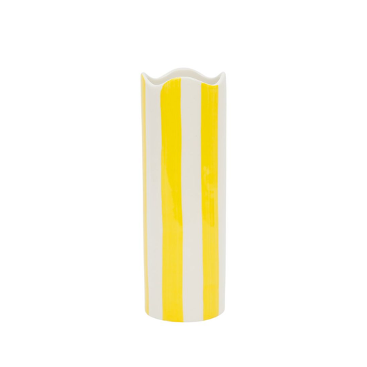 Vase haut en grès écru avec larges rayures verticales jaunes et col ondulé, marque SEMA Design.