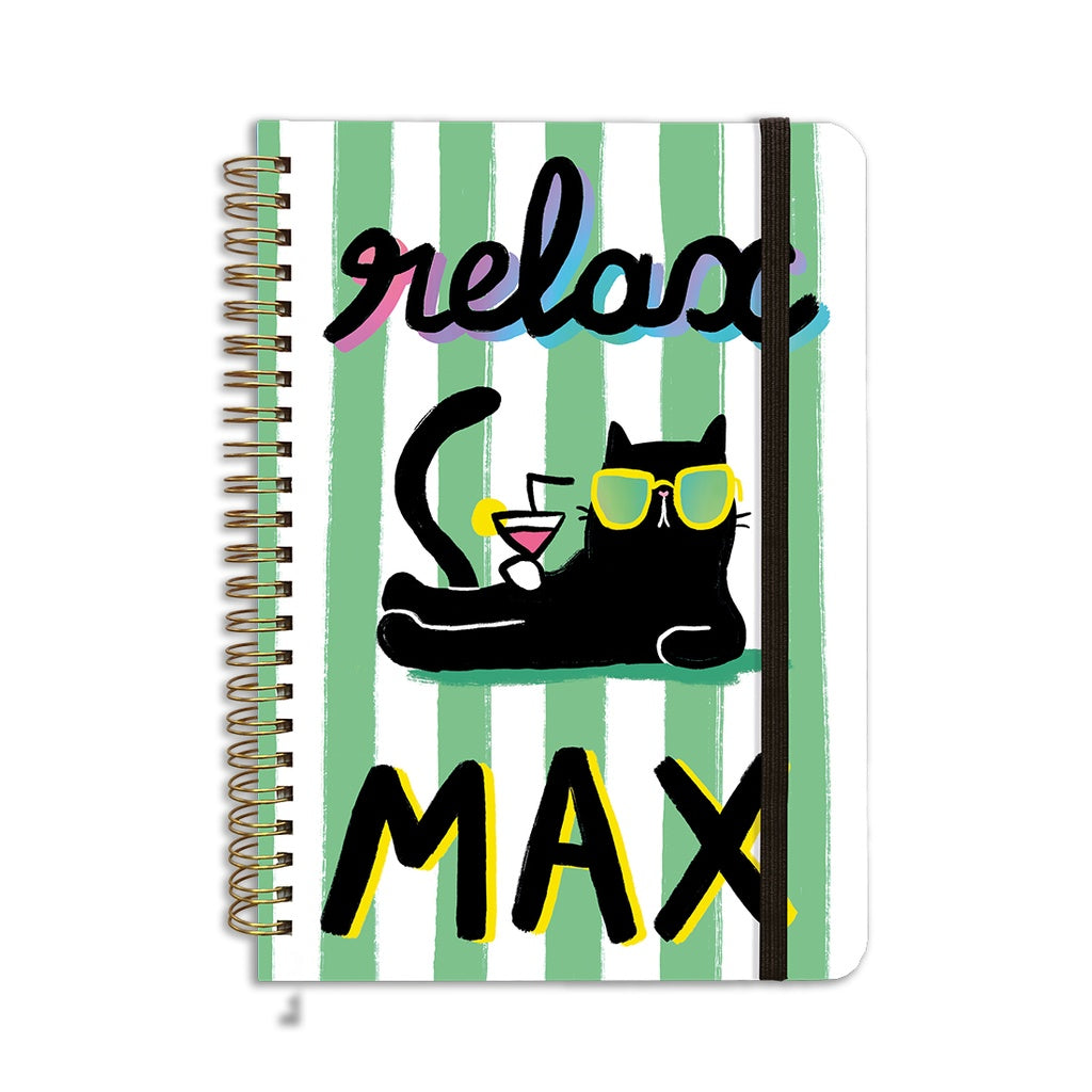 Cahier A5 Relax Max chat noir lunettes rayures vert blanc Carte d'Art 48 pages papier recyclé