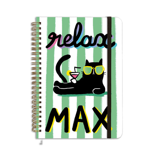 Cahier A5 Relax Max chat noir lunettes rayures vert blanc Carte d'Art 48 pages papier recyclé