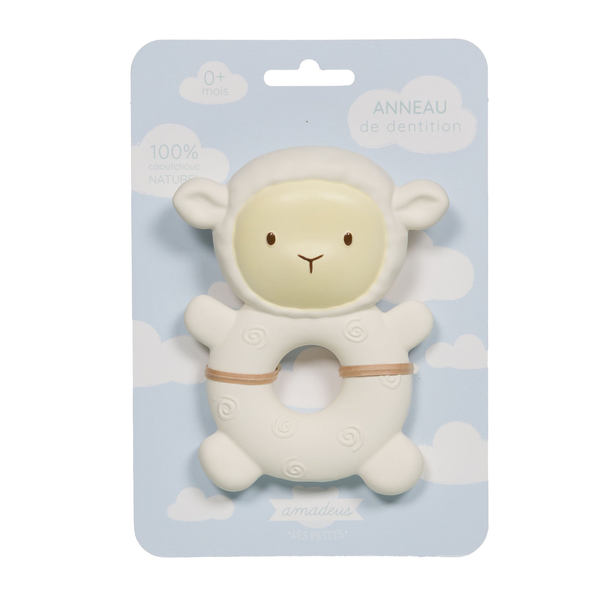 Anneau de dentition pour bébé en forme de mouton blanc cassé, 100% caoutchouc naturel, packaging Amadeus Les Petits.