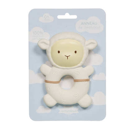 Anneau de dentition pour bébé en forme de mouton blanc cassé, 100% caoutchouc naturel, packaging Amadeus Les Petits.