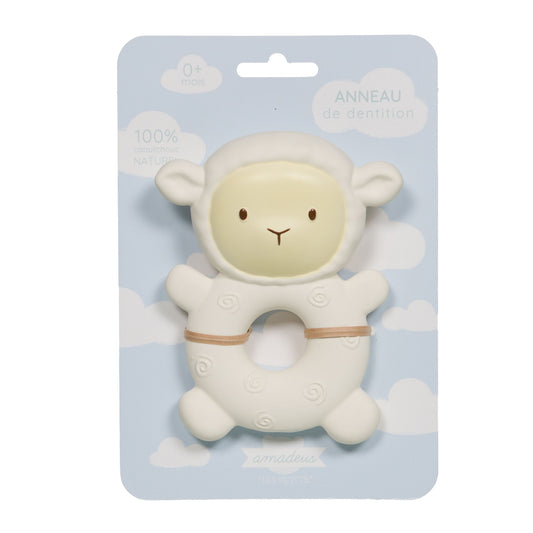 Anneau de dentition pour bébé en forme de mouton blanc cassé, 100% caoutchouc naturel, packaging Amadeus Les Petits.