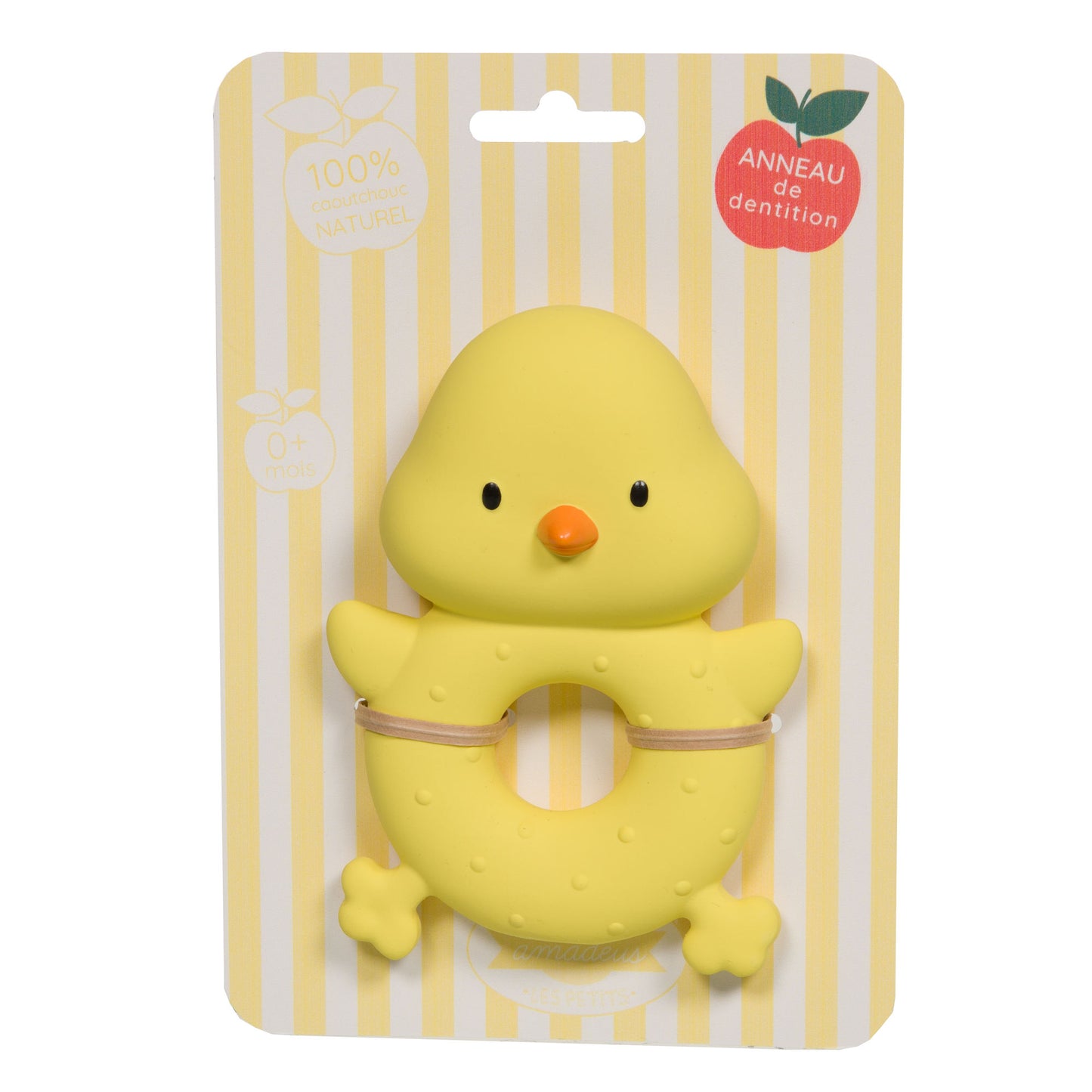 Anneau de dentition poussin jaune Amadeus Les Petits en caoutchouc naturel sur emballage cadeau.